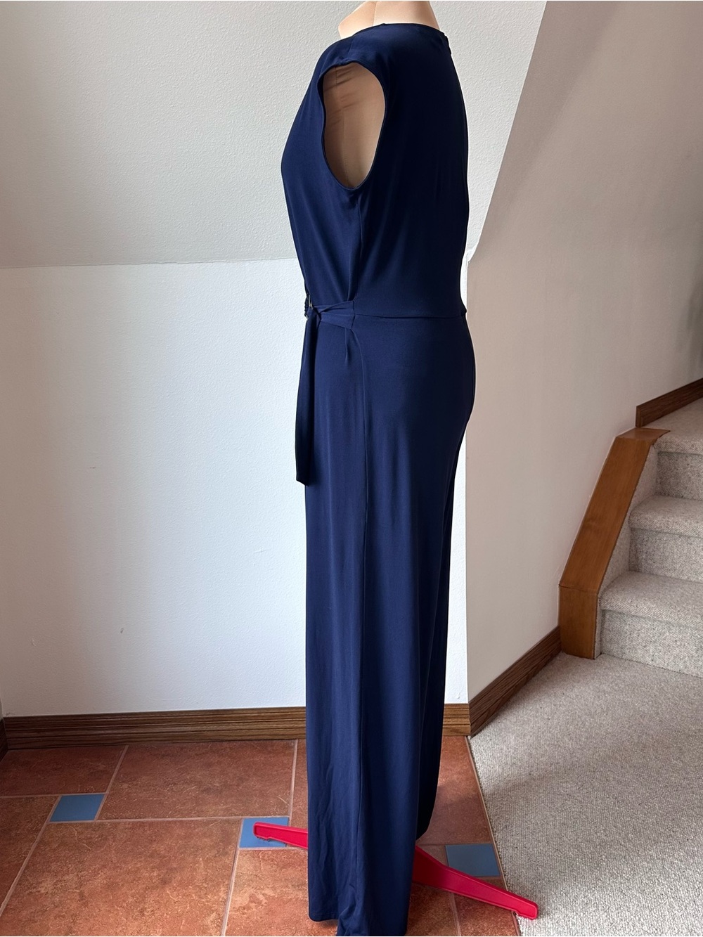 Michael Kors Jumpsuit Womens Sz L Navy Stretch Wide Leg Draped Gold-Tone Buckle - Picture 6 of 14